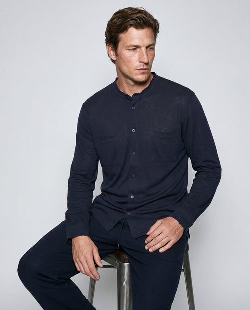 Navy Long-Sleeve Collared Shirt in Cotton / Linen - MAJESTIC FILATURES
