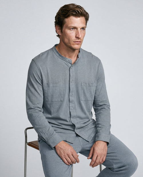 Gray Long-Sleeve Collared Shirt in Cotton / Linen - MAJESTIC FILATURES
