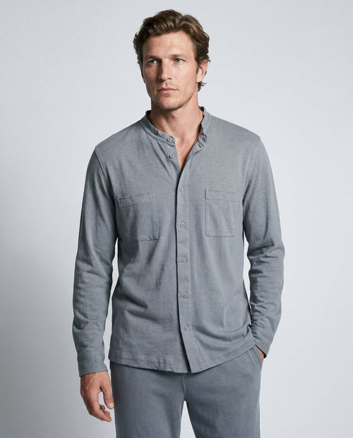 Gray Long-Sleeve Collared Shirt in Cotton / Linen - MAJESTIC FILATURES