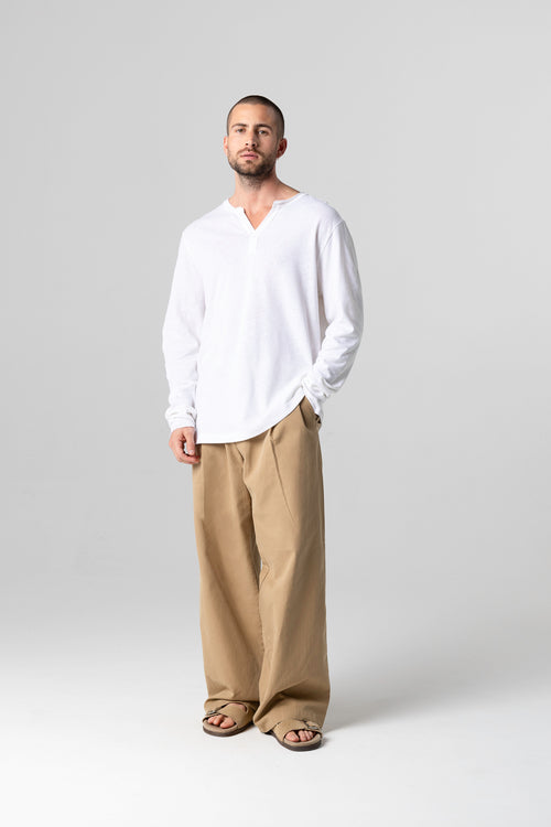 Tunesisches Langarmhemd aus Baumwolle/Leinen in Weiß - MAJESTIC FILATURES