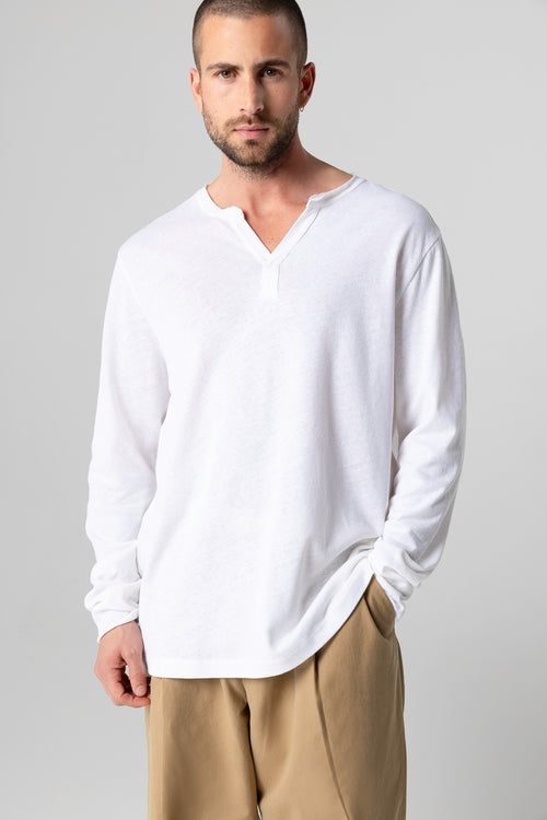 Tunesisches Langarmhemd aus Baumwolle/Leinen in Weiß - MAJESTIC FILATURES