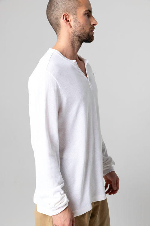 Tunesisches Langarmhemd aus Baumwolle/Leinen in Weiß - MAJESTIC FILATURES