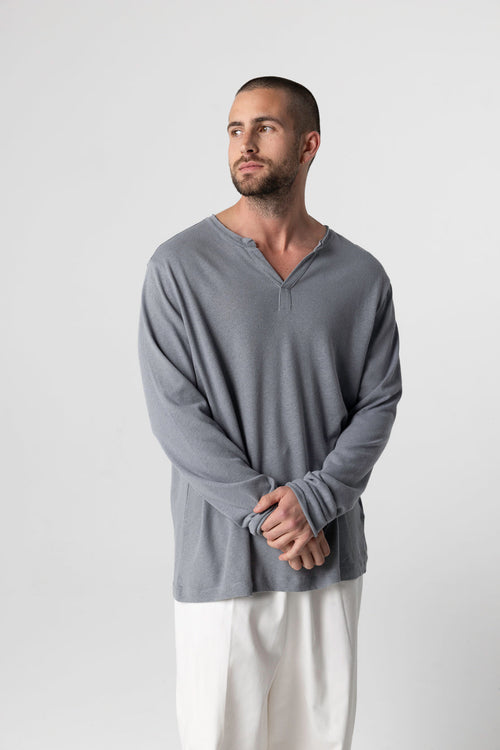 Langärmeliges tunesisches Hemd aus Baumwolle/Leinen in Grau - MAJESTIC FILATURES