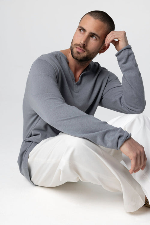 Langärmeliges tunesisches Hemd aus Baumwolle/Leinen in Grau - MAJESTIC FILATURES