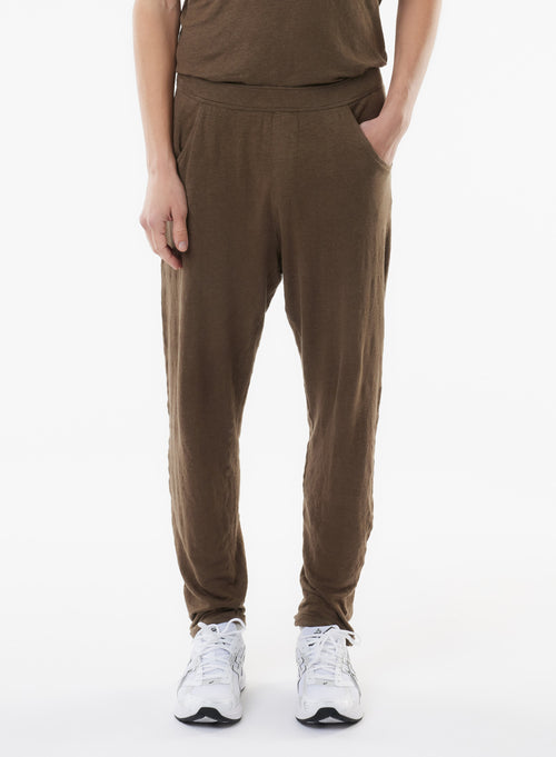 Pantalon Marron en Lin / Elasthanne - MAJESTIC FILATURES