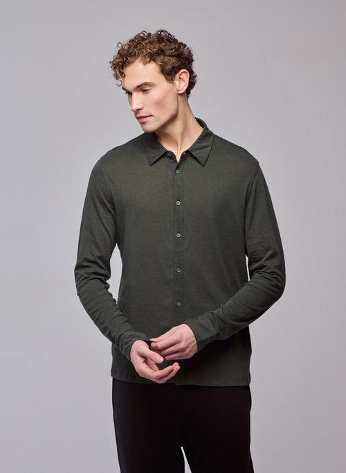 Green Shirt Long Sleeve Shirt in Cotton / Cashmere - MAJESTIC FILATURES