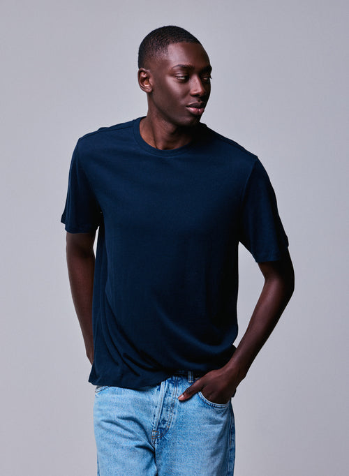 T-shirt Marine Col Rond Manches Courtes en Coton / Cachemire - MAJESTIC FILATURES