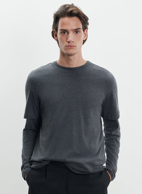 Anthracite mottled Round Neck Short Sleeve T-shirt in Cotton / Cashmere - MAJESTIC FILATURES