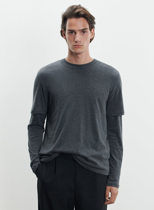Anthracite mottled Round Neck Short Sleeve T-shirt in Cotton / Cashmere - MAJESTIC FILATURES