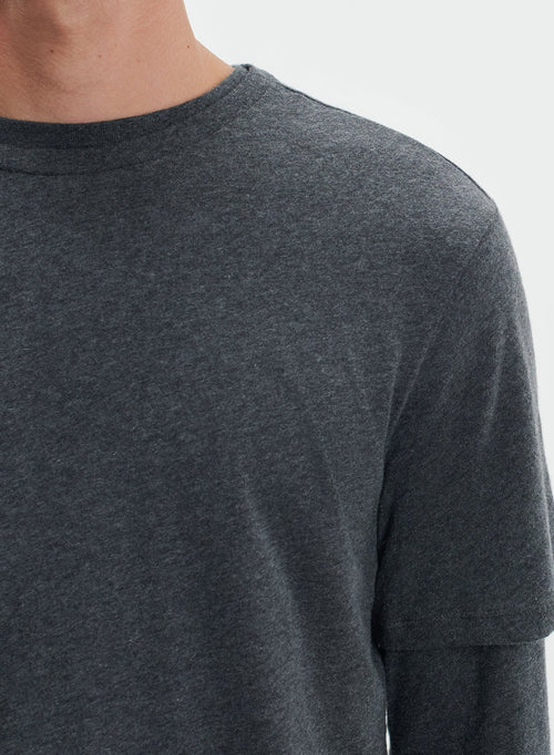Anthracite mottled Round Neck Short Sleeve T-shirt in Cotton / Cashmere - MAJESTIC FILATURES