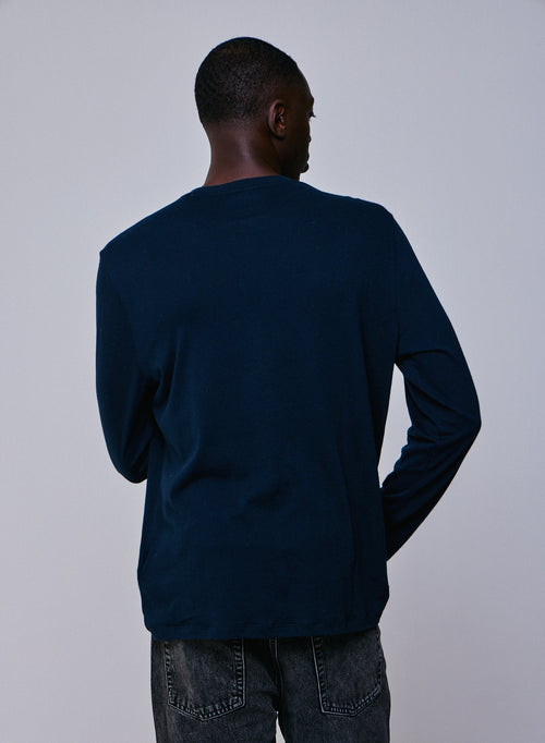 Marineblaues Langarm-T-Shirt mit Rundhalsausschnitt aus Baumwolle und Kaschmir - MAJESTIC FILATURES