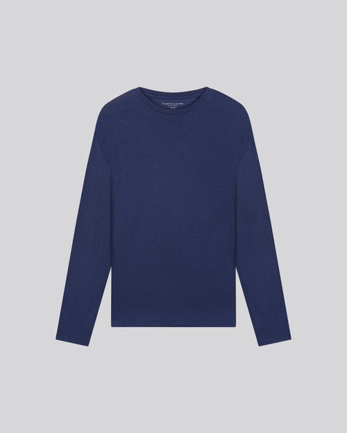 Blaues Langarm-T-Shirt mit Rundhalsausschnitt aus Baumwolle / Kaschmir - MAJESTIC FILATURES