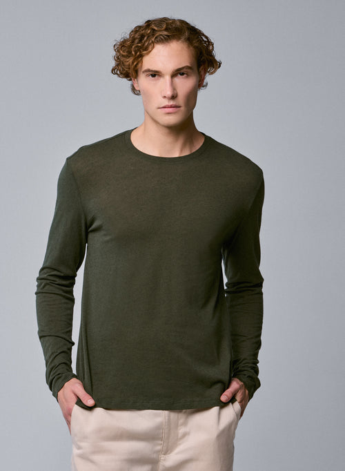 Camiseta de manga larga con cuello redondo verde en algodón / cachemira - MAJESTIC FILATURES