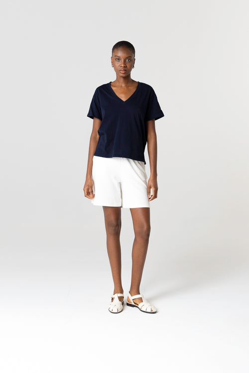 T-shirt Marine Col V Manches Courtes en Coton Organique - MAJESTIC FILATURES