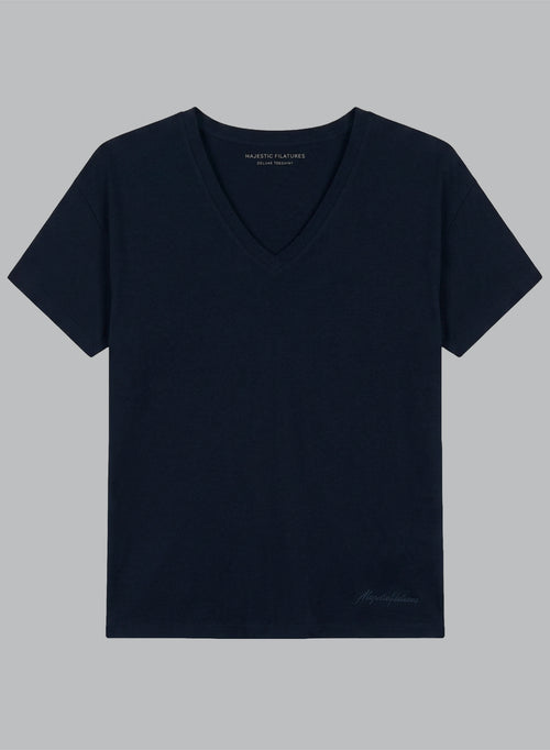 Camiseta azul marino con cuello en V y manga corta de algodón orgánico - MAJESTIC FILATURES