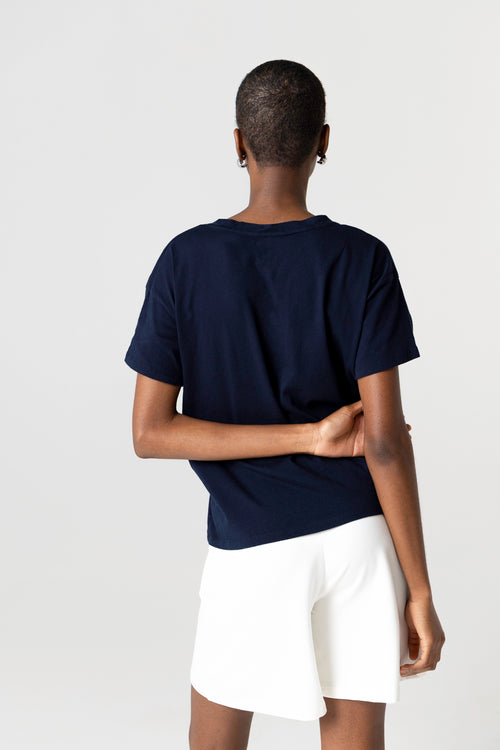 T-shirt Marine Col V Manches Courtes en Coton Organique - MAJESTIC FILATURES