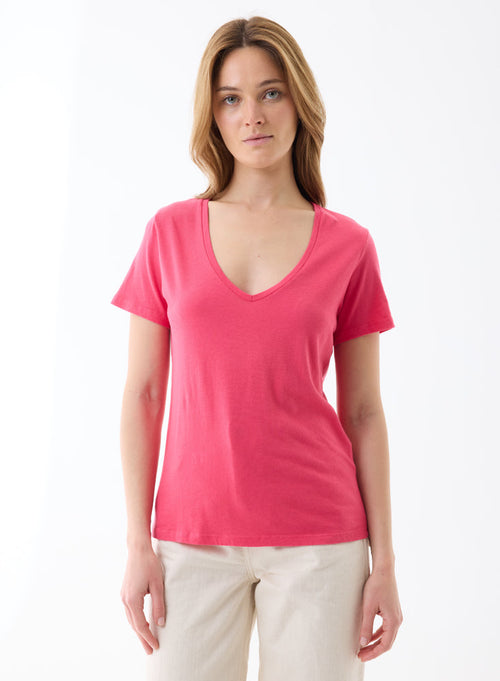 Tee shirt Fuchsia Manches Courtes Col V - MAJESTIC FILATURES