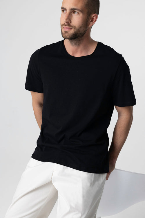 T-Shirt mit Rundhalsausschnitt und kurzen Ärmeln aus Bio-Baumwolle in Schwarz - MAJESTIC FILATURES