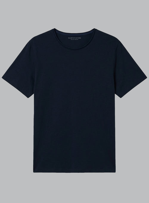 Navy Round Neck Short Sleeves T-shirt in Organic Cotton - MAJESTIC FILATURES