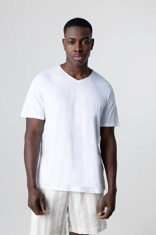 White V-neck Short-Sleeve Organic Cotton T-shirt  - MAJESTIC FILATURES