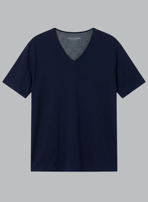 Camiseta azul marino cuello en V y manga corta de algodón orgánico - MAJESTIC FILATURES