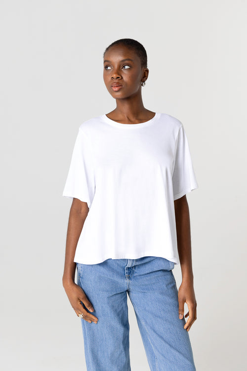 T-shirt Blanc Col Rond Manches Courtes en Coton Supima - MAJESTIC FILATURES