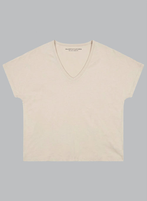 Beige V-neck Short-Sleeve Supima Cotton T-shirt - MAJESTIC FILATURES