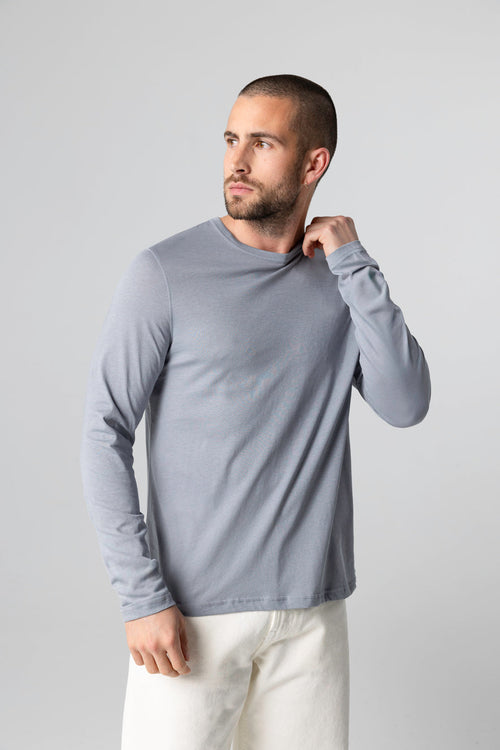 Gray Round-Neck Long-Sleeve Supima Cotton T-shirt - MAJESTIC FILATURES