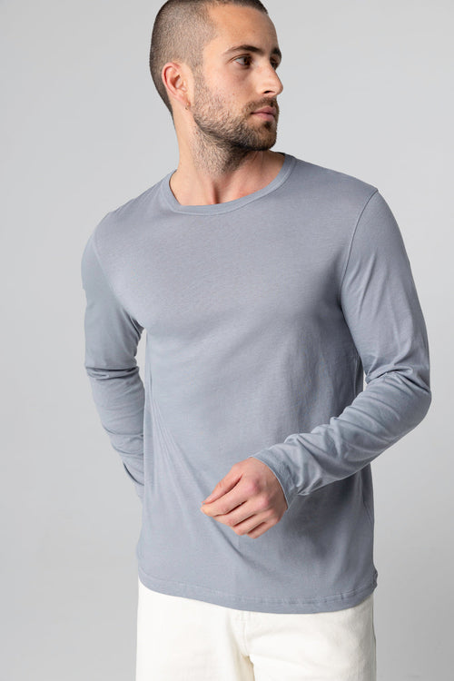 Gray Round-Neck Long-Sleeve Supima Cotton T-shirt - MAJESTIC FILATURES
