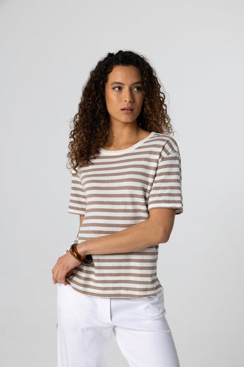 Brown Stripe Round Neck Short Sleeve T-shirt in Cotton / Linen - MAJESTIC FILATURES
