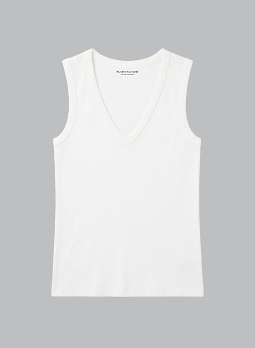 Ärmelloses Tanktop mit V-Ausschnitt aus Viskose/Elasthan in Weiß - MAJESTIC FILATURES