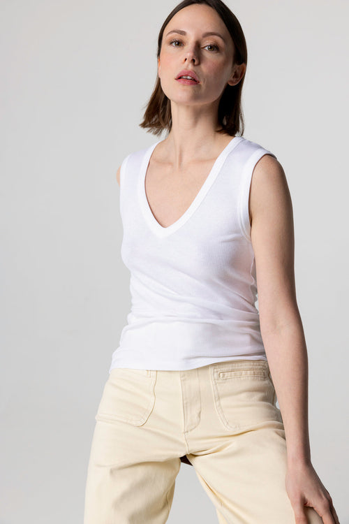 Ärmelloses Tanktop mit V-Ausschnitt aus Viskose/Elasthan in Weiß - MAJESTIC FILATURES