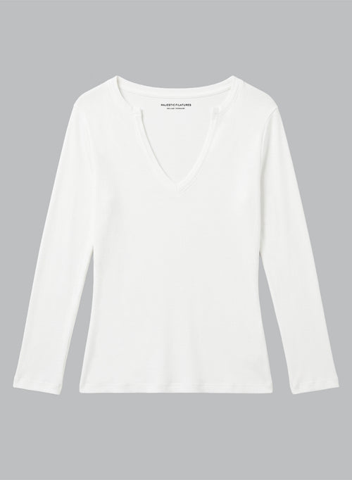 White V-neck Three-Quarter-Sleeve Viscose / Elastane T-shirt - MAJESTIC FILATURES