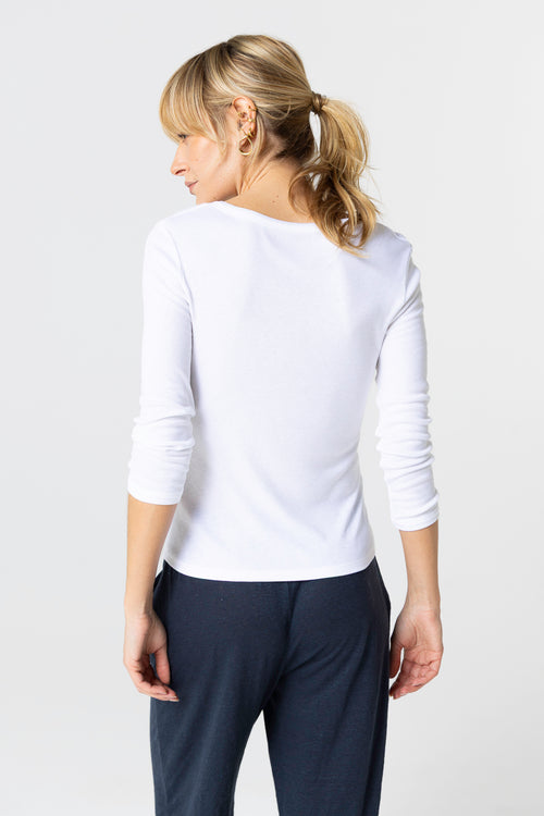 White V-neck Three-Quarter-Sleeve Viscose / Elastane T-shirt - MAJESTIC FILATURES