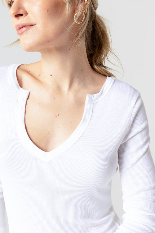 White V-neck Three-Quarter-Sleeve Viscose / Elastane T-shirt - MAJESTIC FILATURES