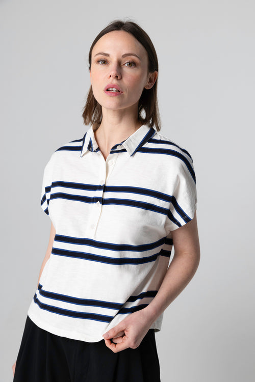 Weiß gestreiftes kurzarm T-Shirt mit Polokragen aus Bio-Baumwolle - MAJESTIC FILATURES