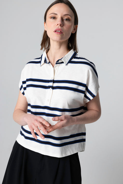 Weiß gestreiftes kurzarm T-Shirt mit Polokragen aus Bio-Baumwolle - MAJESTIC FILATURES