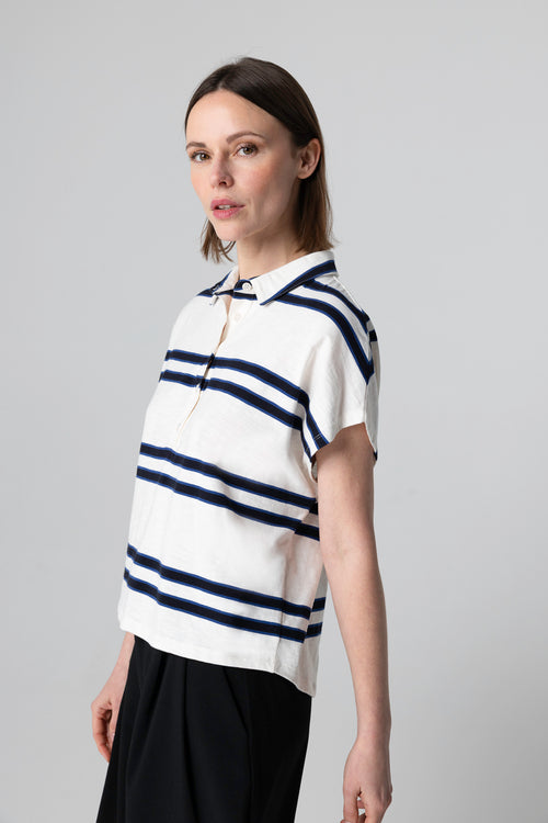 Weiß gestreiftes kurzarm T-Shirt mit Polokragen aus Bio-Baumwolle - MAJESTIC FILATURES
