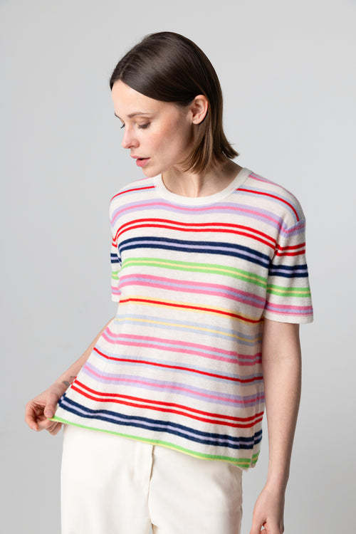 T-shirt Blanc Col Rond Manches Courtes en Cachemire extrafine - MAJESTIC FILATURES