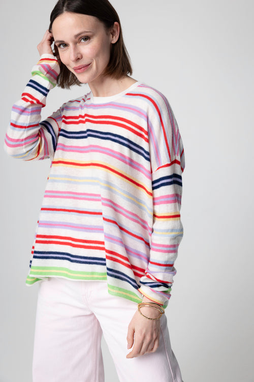 Pull rayé multicouleur Col Rond Manches Longues en Cachemire extrafine - MAJESTIC FILATURES