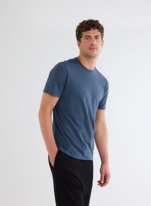 Tee shirt Bleu Col Rond Manches Courtes - MAJESTIC FILATURES