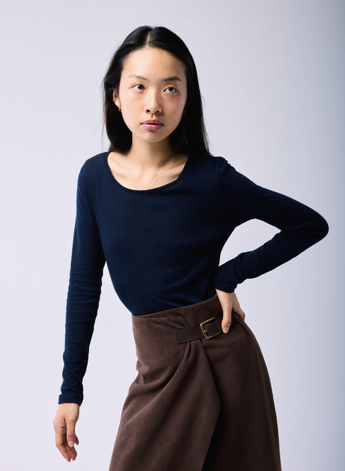 Blau / Graues T-Shirt Rundhals Lange Ärmel aus Bio-Baumwolle / Kaschmir - MAJESTIC FILATURES