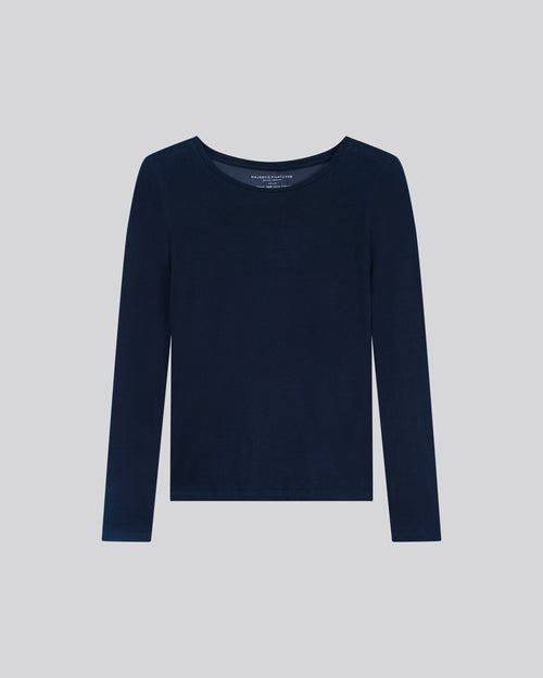 T-shirt Bleu / Gris Col Rond Manches Longues en Coton organique / Cachemire - MAJESTIC FILATURES