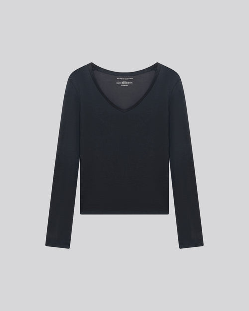 Blau / Grau Langarm-T-Shirt mit V-Ausschnitt aus Bio-Baumwolle / Kaschmir - MAJESTIC FILATURES