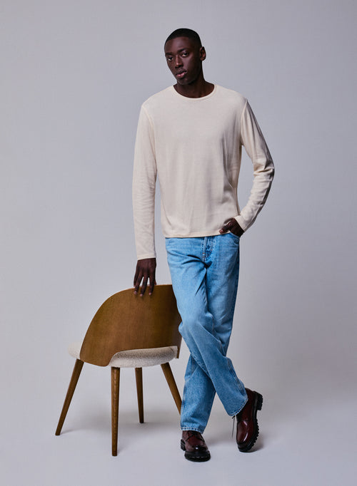 Grey Round Neck Long Sleeve T-shirt in Organic Cotton / Cashmere - MAJESTIC FILATURES