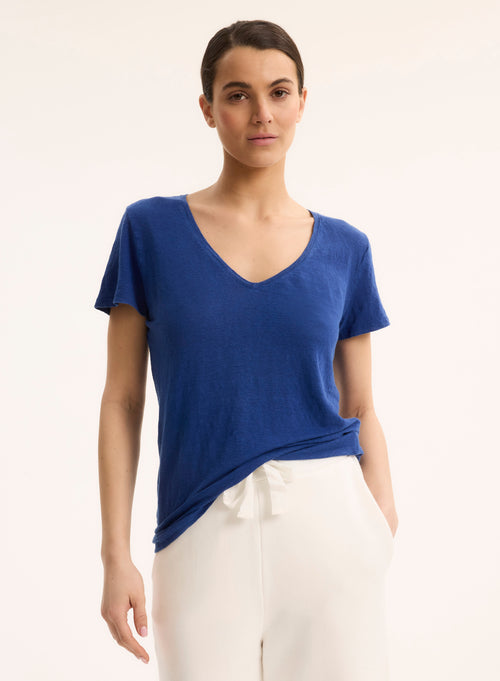 Tee shirt Bleu Col V Manches Courtes - MAJESTIC FILATURES