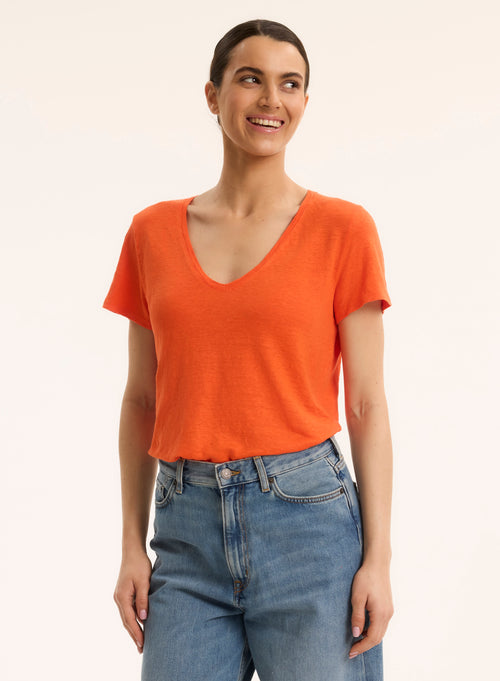 Tee shirt orange Col V Manches Courtes - MAJESTIC FILATURES