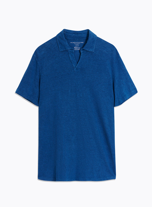 Blue Short Sleeve Polo Collar Linen / Elastane T-shirt - MAJESTIC FILATURES