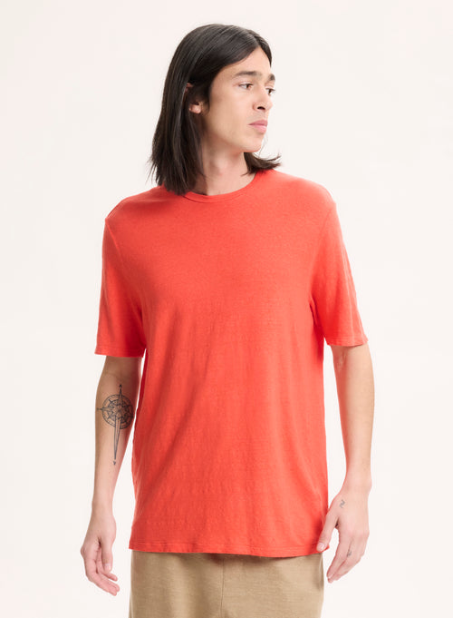 Orange Short Sleeve Round Neck Linen / Elastane T-Shirt - MAJESTIC FILATURES