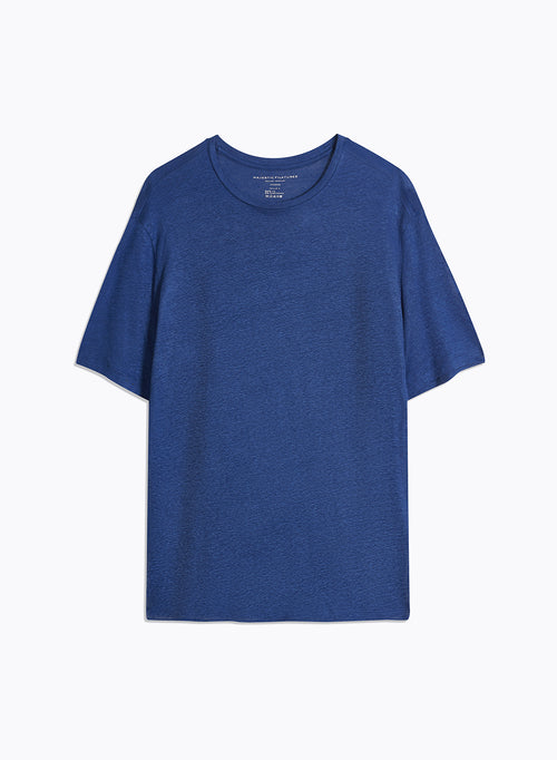 Tee shirt Bleu Col Rond Manches Courtes en Lin / Elasthanne - MAJESTIC FILATURES